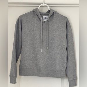 Calvin Klein Women’s Drawstring Cropped Hooded Slitted Sides Sweatshirt.Gray.Sm.
